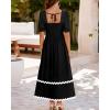 imageBTFBM Women 2025 Summer Square Neck Short Puff Sleeve Dress Casual RIic Rac Tie Back Smocked Wedding Guest Maxi DressesSolid Black