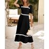 imageBTFBM Women 2025 Summer Square Neck Short Puff Sleeve Dress Casual RIic Rac Tie Back Smocked Wedding Guest Maxi DressesSolid Black
