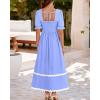 imageBTFBM Women 2025 Summer Square Neck Short Puff Sleeve Dress Casual RIic Rac Tie Back Smocked Wedding Guest Maxi DressesSolid Blue