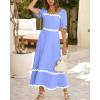 imageBTFBM Women 2025 Summer Square Neck Short Puff Sleeve Dress Casual RIic Rac Tie Back Smocked Wedding Guest Maxi DressesSolid Blue