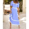 imageBTFBM Women 2025 Summer Square Neck Short Puff Sleeve Dress Casual RIic Rac Tie Back Smocked Wedding Guest Maxi DressesSolid Blue