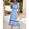 imageBTFBM Women 2025 Summer Square Neck Short Puff Sleeve Dress Casual RIic Rac Tie Back Smocked Wedding Guest Maxi DressesSolid Blue Dark Blue