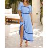 imageBTFBM Women 2025 Summer Square Neck Short Puff Sleeve Dress Casual RIic Rac Tie Back Smocked Wedding Guest Maxi DressesSolid Blue Dark Blue