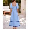 imageBTFBM Women 2025 Summer Square Neck Short Puff Sleeve Dress Casual RIic Rac Tie Back Smocked Wedding Guest Maxi DressesSolid Blue Dark Blue
