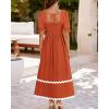 imageBTFBM Women 2025 Summer Square Neck Short Puff Sleeve Dress Casual RIic Rac Tie Back Smocked Wedding Guest Maxi DressesSolid Brick Red
