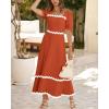imageBTFBM Women 2025 Summer Square Neck Short Puff Sleeve Dress Casual RIic Rac Tie Back Smocked Wedding Guest Maxi DressesSolid Brick Red