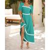 imageBTFBM Women 2025 Summer Square Neck Short Puff Sleeve Dress Casual RIic Rac Tie Back Smocked Wedding Guest Maxi DressesSolid Lake Blue