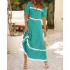 imageBTFBM Women 2025 Summer Square Neck Short Puff Sleeve Dress Casual RIic Rac Tie Back Smocked Wedding Guest Maxi DressesSolid Lake Blue