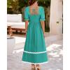 imageBTFBM Women 2025 Summer Square Neck Short Puff Sleeve Dress Casual RIic Rac Tie Back Smocked Wedding Guest Maxi DressesSolid Lake Blue