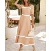 imageBTFBM Women 2025 Summer Square Neck Short Puff Sleeve Dress Casual RIic Rac Tie Back Smocked Wedding Guest Maxi DressesSolid Light Khaki