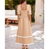 imageBTFBM Women 2025 Summer Square Neck Short Puff Sleeve Dress Casual RIic Rac Tie Back Smocked Wedding Guest Maxi DressesSolid Light Khaki