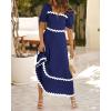 imageBTFBM Women 2025 Summer Square Neck Short Puff Sleeve Dress Casual RIic Rac Tie Back Smocked Wedding Guest Maxi DressesSolid Navy