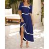 imageBTFBM Women 2025 Summer Square Neck Short Puff Sleeve Dress Casual RIic Rac Tie Back Smocked Wedding Guest Maxi DressesSolid Navy