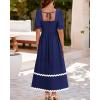 imageBTFBM Women 2025 Summer Square Neck Short Puff Sleeve Dress Casual RIic Rac Tie Back Smocked Wedding Guest Maxi DressesSolid Navy