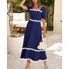 imageBTFBM Women 2025 Summer Square Neck Short Puff Sleeve Dress Casual RIic Rac Tie Back Smocked Wedding Guest Maxi DressesSolid Navy