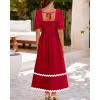 imageBTFBM Women 2025 Summer Square Neck Short Puff Sleeve Dress Casual RIic Rac Tie Back Smocked Wedding Guest Maxi DressesSolid Red