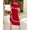 imageBTFBM Women 2025 Summer Square Neck Short Puff Sleeve Dress Casual RIic Rac Tie Back Smocked Wedding Guest Maxi DressesSolid Red