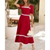 imageBTFBM Women 2025 Summer Square Neck Short Puff Sleeve Dress Casual RIic Rac Tie Back Smocked Wedding Guest Maxi DressesSolid Red