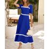 imageBTFBM Women 2025 Summer Square Neck Short Puff Sleeve Dress Casual RIic Rac Tie Back Smocked Wedding Guest Maxi DressesSolid Royal Blue