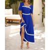 imageBTFBM Women 2025 Summer Square Neck Short Puff Sleeve Dress Casual RIic Rac Tie Back Smocked Wedding Guest Maxi DressesSolid Royal Blue