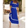 imageBTFBM Women 2025 Summer Square Neck Short Puff Sleeve Dress Casual RIic Rac Tie Back Smocked Wedding Guest Maxi DressesSolid Royal Blue
