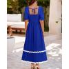 imageBTFBM Women 2025 Summer Square Neck Short Puff Sleeve Dress Casual RIic Rac Tie Back Smocked Wedding Guest Maxi DressesSolid Royal Blue