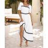 imageBTFBM Women 2025 Summer Square Neck Short Puff Sleeve Dress Casual RIic Rac Tie Back Smocked Wedding Guest Maxi DressesSolid White Black