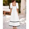 imageBTFBM Women 2025 Summer Square Neck Short Puff Sleeve Dress Casual RIic Rac Tie Back Smocked Wedding Guest Maxi DressesSolid White Black