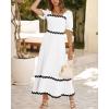 imageBTFBM Women 2025 Summer Square Neck Short Puff Sleeve Dress Casual RIic Rac Tie Back Smocked Wedding Guest Maxi DressesSolid White Black