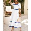 imageBTFBM Women 2025 Summer Square Neck Short Puff Sleeve Dress Casual RIic Rac Tie Back Smocked Wedding Guest Maxi DressesSolid White Blue