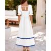 imageBTFBM Women 2025 Summer Square Neck Short Puff Sleeve Dress Casual RIic Rac Tie Back Smocked Wedding Guest Maxi DressesSolid White Blue