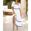 imageBTFBM Women 2025 Summer Square Neck Short Puff Sleeve Dress Casual RIic Rac Tie Back Smocked Wedding Guest Maxi DressesSolid White Blue