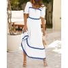 imageBTFBM Women 2025 Summer Square Neck Short Puff Sleeve Dress Casual RIic Rac Tie Back Smocked Wedding Guest Maxi DressesSolid White Blue