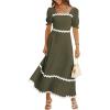 imageBTFBM Women 2025 Summer Square Neck Short Puff Sleeve Dress Casual RIic Rac Tie Back Smocked Wedding Guest Maxi DressesSolid Army Green