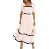 imageBTFBM Women 2025 Summer Square Neck Short Puff Sleeve Dress Casual RIic Rac Tie Back Smocked Wedding Guest Maxi DressesSolid Beige