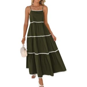 imageBTFBM Boho Summer Dresses 2025 Spaghetti Strap Backless Sundress RIC Rac Trim Tiered ALine Long Casual Vacation DressArmy Green