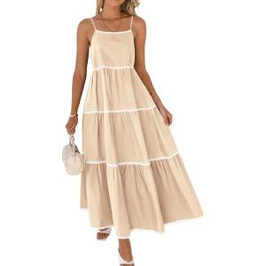 imageBTFBM Boho Summer Dresses 2025 Spaghetti Strap Backless Sundress RIC Rac Trim Tiered ALine Long Casual Vacation DressSolid Beige