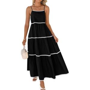 imageBTFBM Boho Summer Dresses 2025 Spaghetti Strap Backless Sundress RIC Rac Trim Tiered ALine Long Casual Vacation DressSolid Black