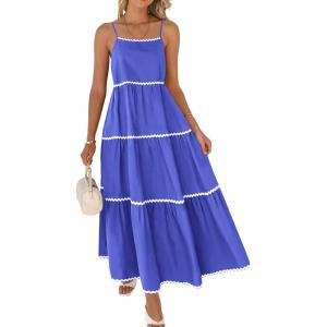 imageBTFBM Boho Summer Dresses 2025 Spaghetti Strap Backless Sundress RIC Rac Trim Tiered ALine Long Casual Vacation DressSolid Blue