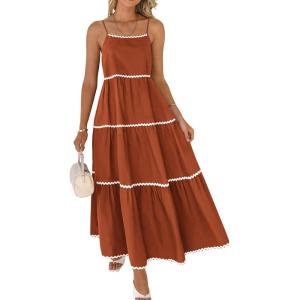 imageBTFBM Boho Summer Dresses 2025 Spaghetti Strap Backless Sundress RIC Rac Trim Tiered ALine Long Casual Vacation DressSolid Brick Red