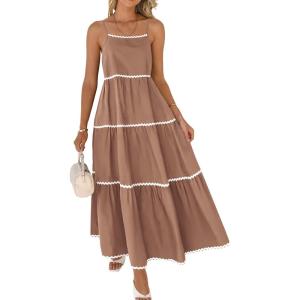 imageBTFBM Boho Summer Dresses 2025 Spaghetti Strap Backless Sundress RIC Rac Trim Tiered ALine Long Casual Vacation DressSolid Khaki