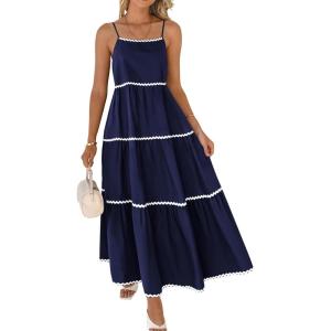 imageBTFBM Boho Summer Dresses 2025 Spaghetti Strap Backless Sundress RIC Rac Trim Tiered ALine Long Casual Vacation DressSolid Navy