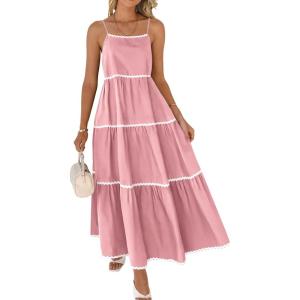 imageBTFBM Boho Summer Dresses 2025 Spaghetti Strap Backless Sundress RIC Rac Trim Tiered ALine Long Casual Vacation DressSolid Pink