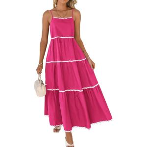 imageBTFBM Boho Summer Dresses 2025 Spaghetti Strap Backless Sundress RIC Rac Trim Tiered ALine Long Casual Vacation DressSolid Rose Red