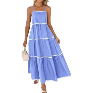 imageBTFBM Boho Summer Dresses 2025 Spaghetti Strap Backless Sundress RIC Rac Trim Tiered ALine Long Casual Vacation DressSolid Sky Blue