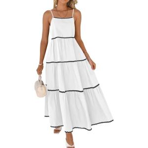imageBTFBM Boho Summer Dresses 2025 Spaghetti Strap Backless Sundress RIC Rac Trim Tiered ALine Long Casual Vacation DressSolid White