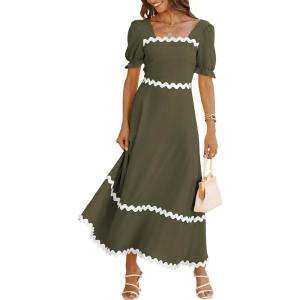 imageBTFBM Women 2025 Summer Square Neck Short Puff Sleeve Dress Casual RIic Rac Tie Back Smocked Wedding Guest Maxi DressesSolid Army Green