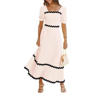 imageBTFBM Women 2025 Summer Square Neck Short Puff Sleeve Dress Casual RIic Rac Tie Back Smocked Wedding Guest Maxi DressesSolid Beige