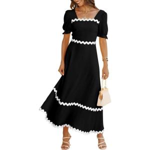 imageBTFBM Women 2025 Summer Square Neck Short Puff Sleeve Dress Casual RIic Rac Tie Back Smocked Wedding Guest Maxi DressesSolid Black