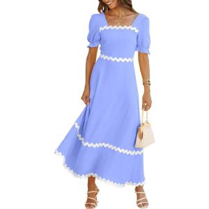 imageBTFBM Women 2025 Summer Square Neck Short Puff Sleeve Dress Casual RIic Rac Tie Back Smocked Wedding Guest Maxi DressesSolid Blue